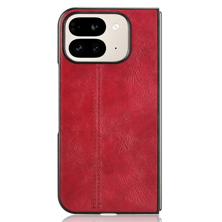 For Google Pixel 9 Pro Fold 5G Case Cowhide Texture Leather+PC Phone Cover Stitching Lines - Red