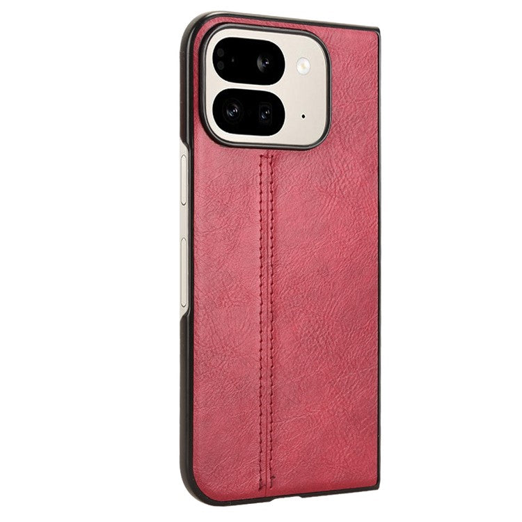 For Google Pixel 9 Pro Fold 5G Case Cowhide Texture Leather+PC Phone Cover Stitching Lines - Red