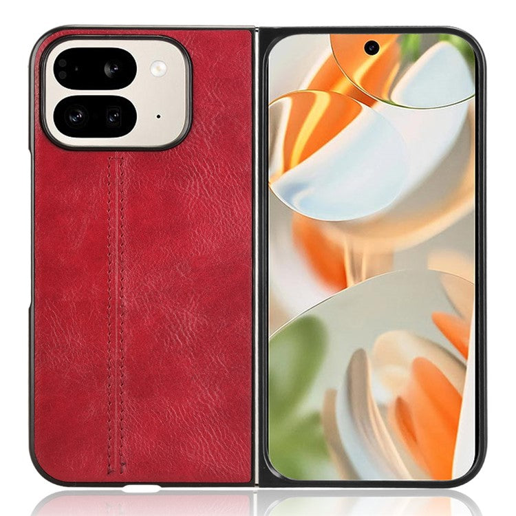 For Google Pixel 9 Pro Fold 5G Case Cowhide Texture Leather+PC Phone Cover Stitching Lines - Red