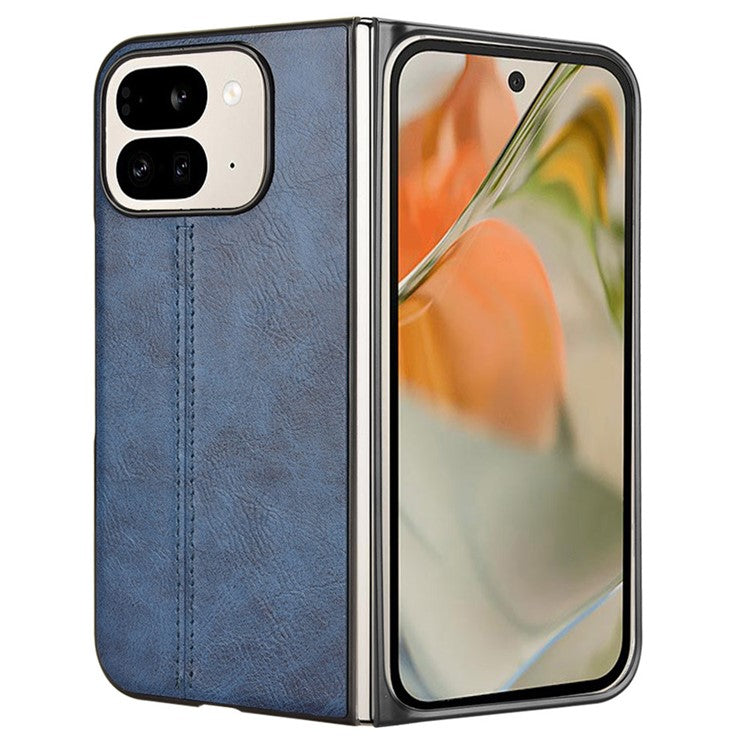 For Google Pixel 9 Pro Fold 5G Case Cowhide Texture Leather+PC Phone Cover Stitching Lines - Blue