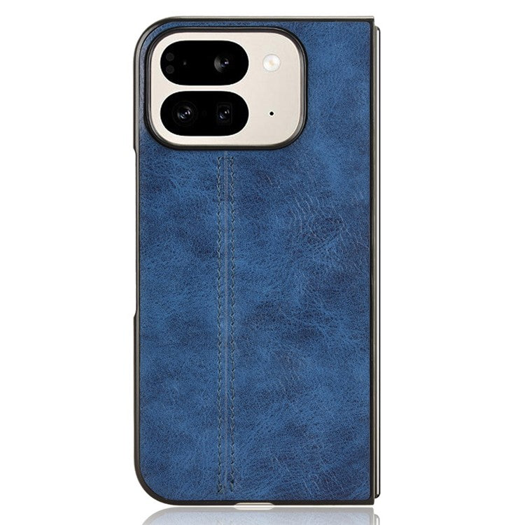 For Google Pixel 9 Pro Fold 5G Case Cowhide Texture Leather+PC Phone Cover Stitching Lines - Blue