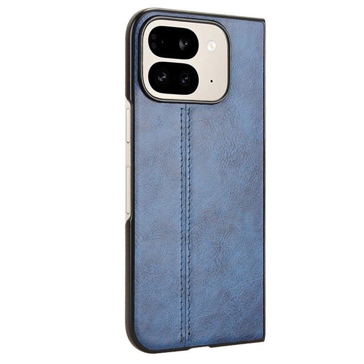 For Google Pixel 9 Pro Fold 5G Case Cowhide Texture Leather+PC Phone Cover Stitching Lines - Blue