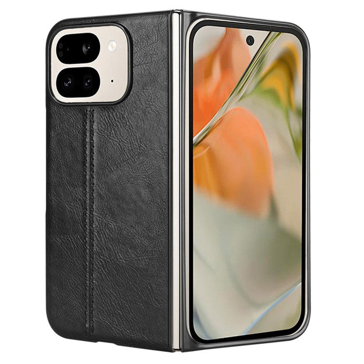 For Google Pixel 9 Pro Fold 5G Case Cowhide Texture Leather+PC Phone Cover Stitching Lines - Black