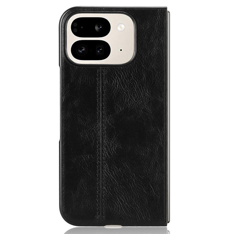 For Google Pixel 9 Pro Fold 5G Case Cowhide Texture Leather+PC Phone Cover Stitching Lines - Black