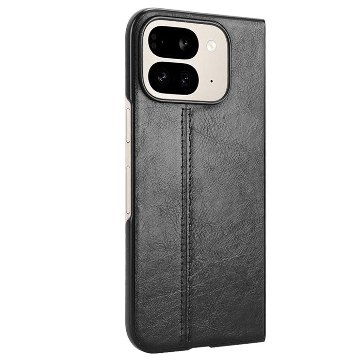 For Google Pixel 9 Pro Fold 5G Case Cowhide Texture Leather+PC Phone Cover Stitching Lines - Black