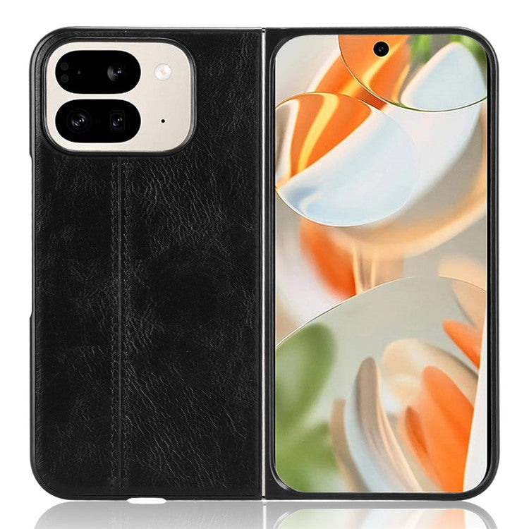 For Google Pixel 9 Pro Fold 5G Case Cowhide Texture Leather+PC Phone Cover Stitching Lines - Black