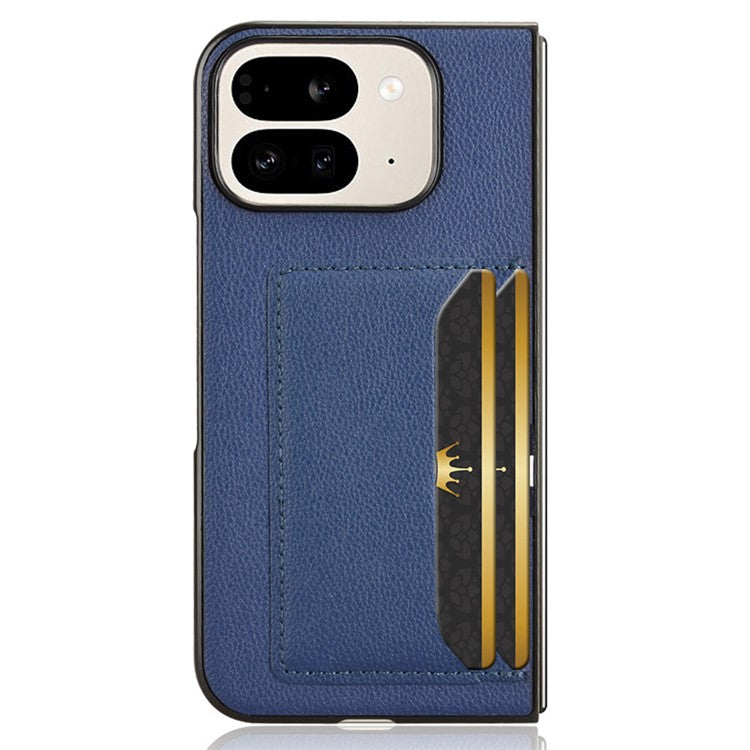 For Google Pixel 9 Pro Fold 5G Case Card Holder Litchi Texture Leather+PC Folding Phone Cover - Blue