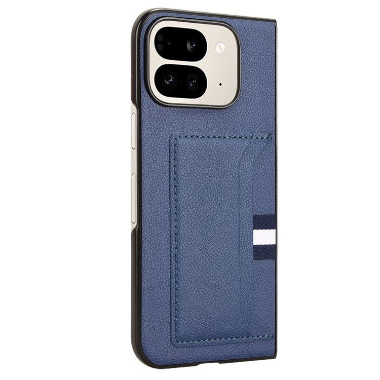 For Google Pixel 9 Pro Fold 5G Case Card Holder Litchi Texture Leather+PC Folding Phone Cover - Blue