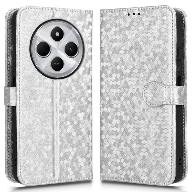 For Xiaomi Poco C75 4G / Redmi 14R 5G / 14C 4G Wallet Case Dot Pattern Imprint PU Leather Phone Cover - Silver