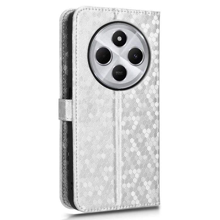 For Xiaomi Poco C75 4G / Redmi 14R 5G / 14C 4G Wallet Case Dot Pattern Imprint PU Leather Phone Cover - Silver