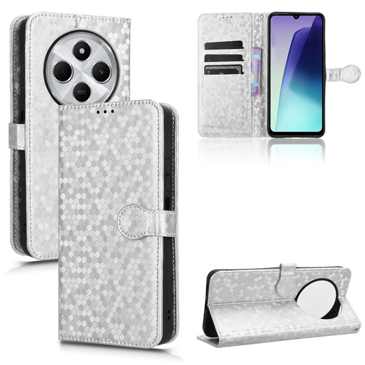 For Xiaomi Poco C75 4G / Redmi 14R 5G / 14C 4G Wallet Case Dot Pattern Imprint PU Leather Phone Cover - Silver