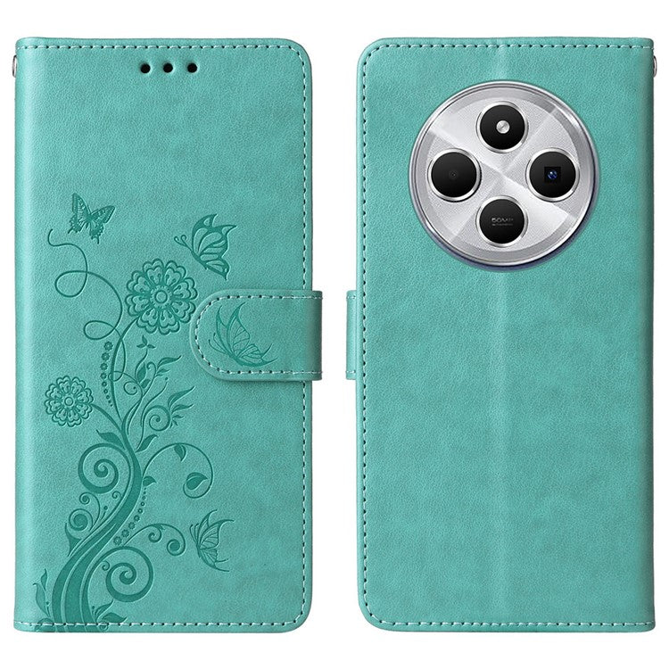 For Xiaomi Poco C75 4G / Redmi 14R 5G / 14C 4G Leather Case Butterfly Floral Imprint Wallet Stand Cover - Green