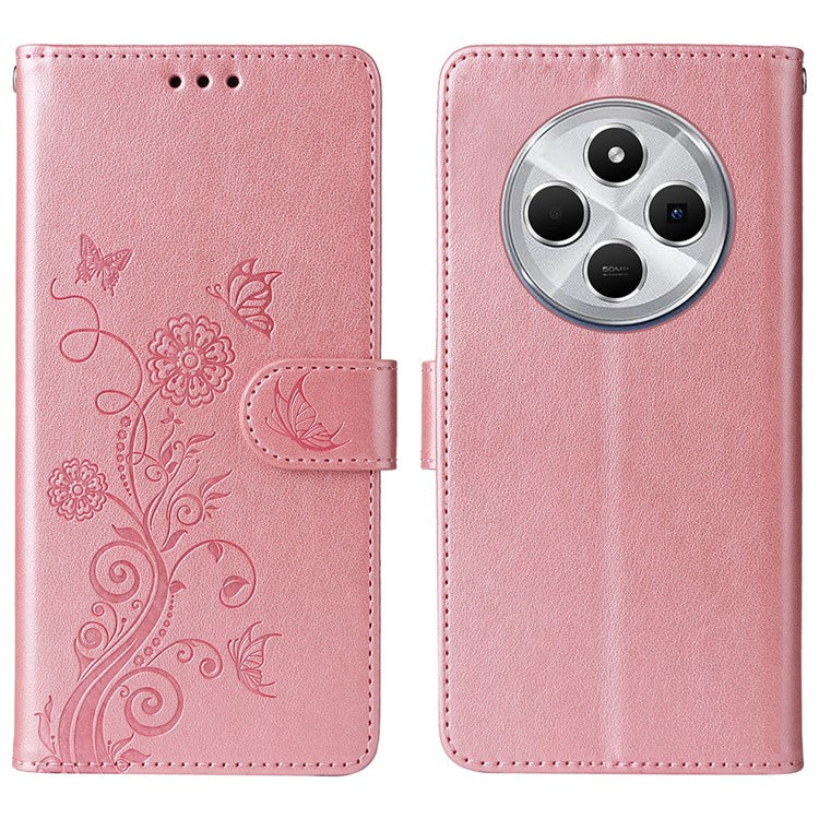 For Xiaomi Poco C75 4G / Redmi 14R 5G / 14C 4G Leather Case Butterfly Floral Imprint Wallet Stand Cover - Pink