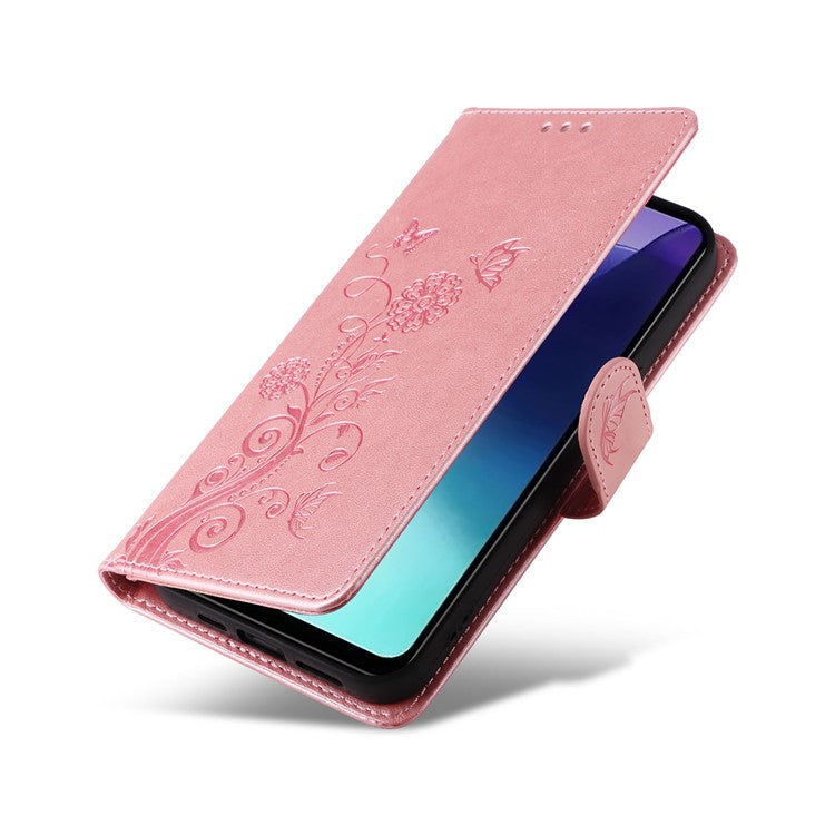 For Xiaomi Poco C75 4G / Redmi 14R 5G / 14C 4G Leather Case Butterfly Floral Imprint Wallet Stand Cover - Pink