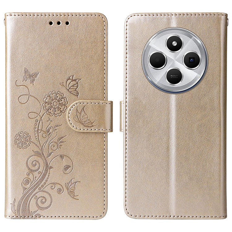 For Xiaomi Poco C75 4G / Redmi 14R 5G / 14C 4G Leather Case Butterfly Floral Imprint Wallet Stand Cover - Gold