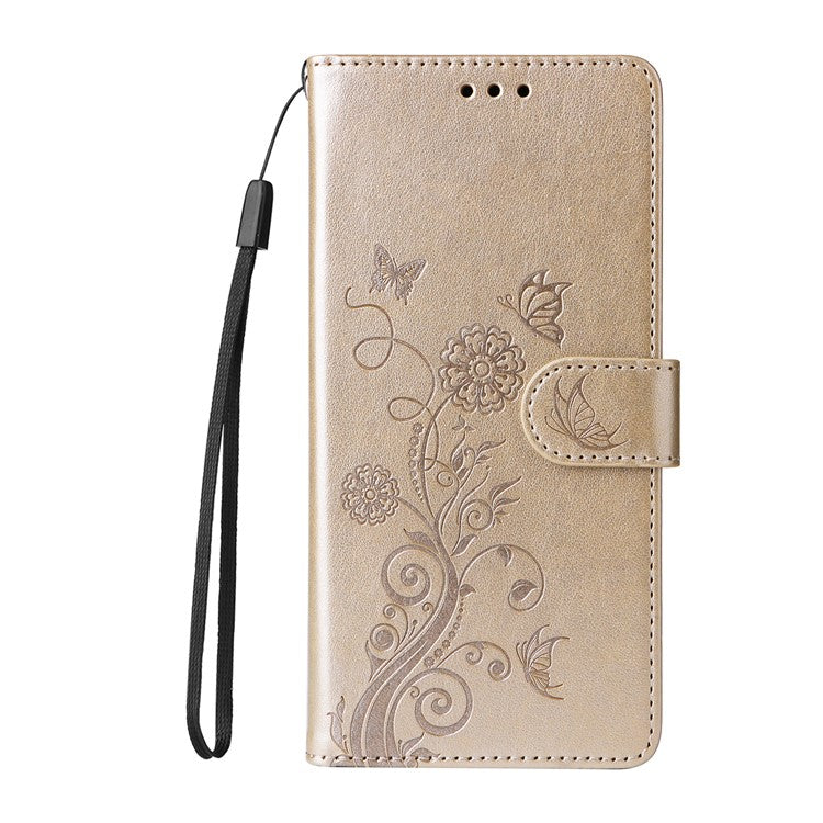 For Xiaomi Poco C75 4G / Redmi 14R 5G / 14C 4G Leather Case Butterfly Floral Imprint Wallet Stand Cover - Gold