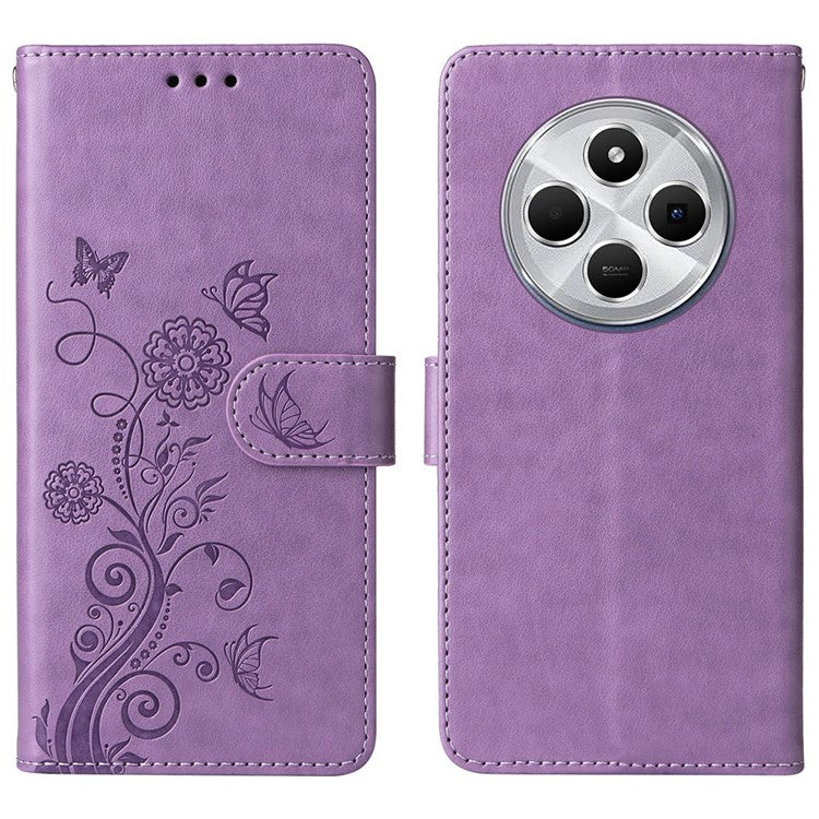 For Xiaomi Poco C75 4G / Redmi 14R 5G / 14C 4G Leather Case Butterfly Floral Imprint Wallet Stand Cover - Purple