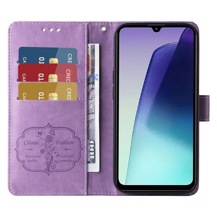 For Xiaomi Poco C75 4G / Redmi 14R 5G / 14C 4G Leather Case Butterfly Floral Imprint Wallet Stand Cover - Purple