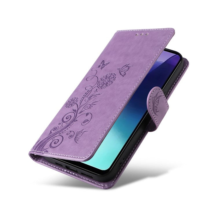 For Xiaomi Poco C75 4G / Redmi 14R 5G / 14C 4G Leather Case Butterfly Floral Imprint Wallet Stand Cover - Purple