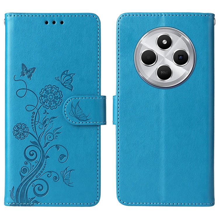 For Xiaomi Poco C75 4G / Redmi 14R 5G / 14C 4G Leather Case Butterfly Floral Imprint Wallet Stand Cover - Blue