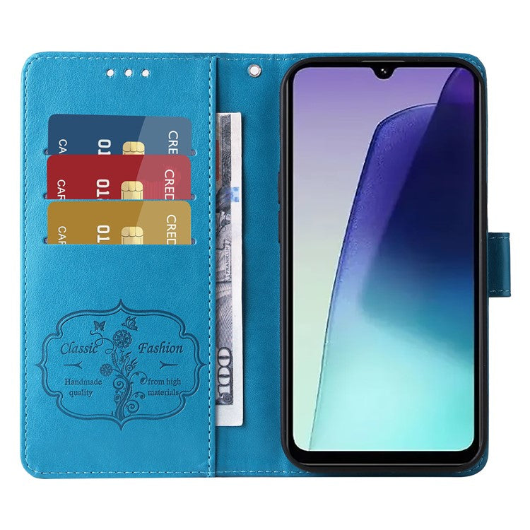 For Xiaomi Poco C75 4G / Redmi 14R 5G / 14C 4G Leather Case Butterfly Floral Imprint Wallet Stand Cover - Blue