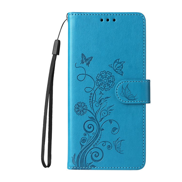 For Xiaomi Poco C75 4G / Redmi 14R 5G / 14C 4G Leather Case Butterfly Floral Imprint Wallet Stand Cover - Blue