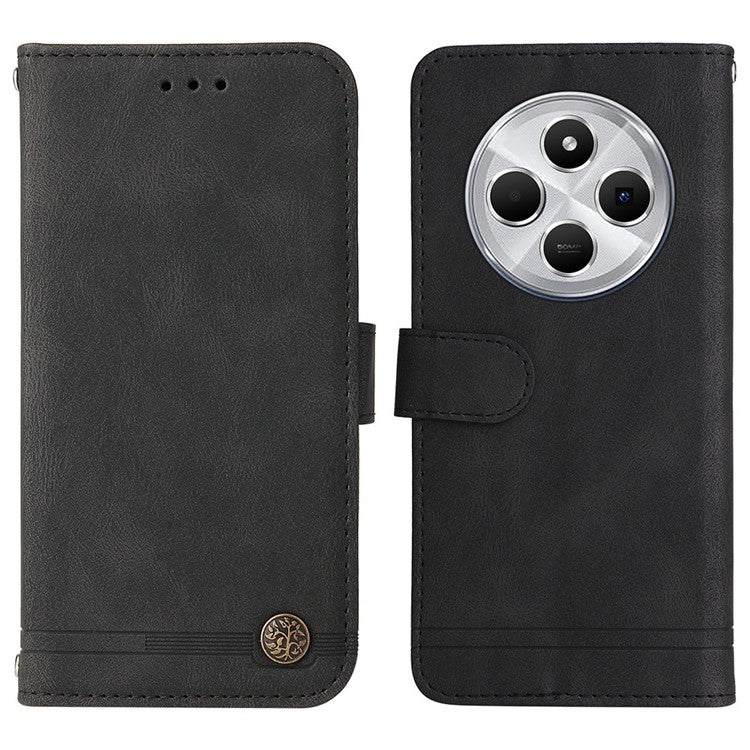 For Xiaomi Poco C75 4G / Redmi 14R 5G / 14C 4G Wallet Case Skin-Touch Leather Phone Cover Tree Pattern Hardware - Black