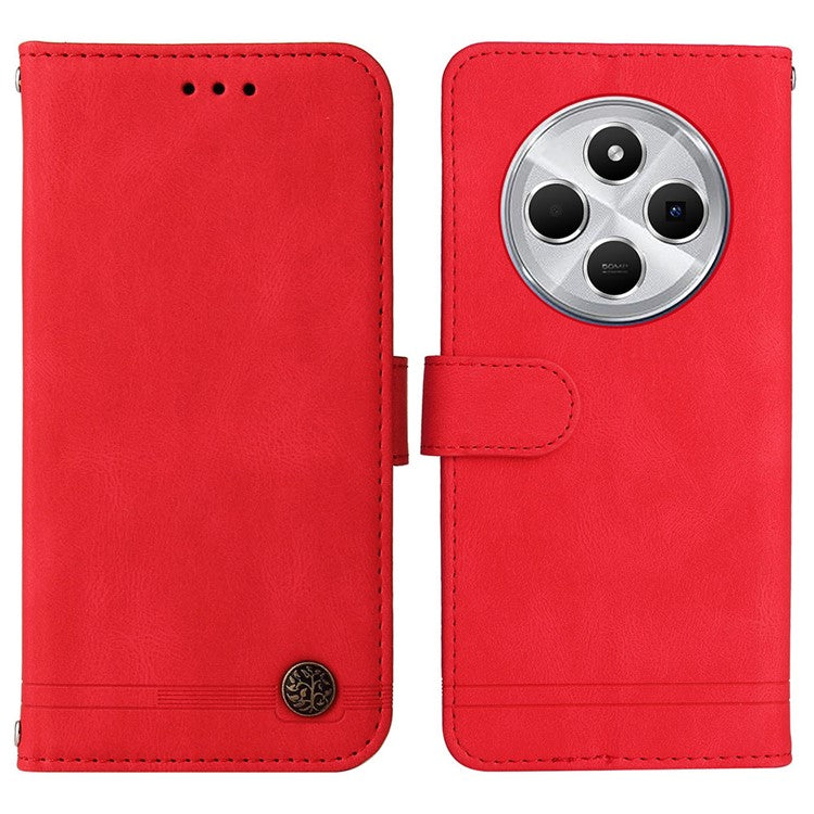 For Xiaomi Poco C75 4G / Redmi 14R 5G / 14C 4G Wallet Case Skin-Touch Leather Phone Cover Tree Pattern Hardware - Red