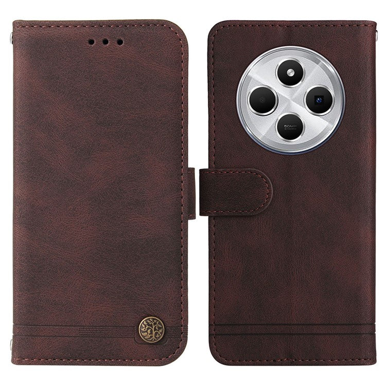 For Xiaomi Poco C75 4G / Redmi 14R 5G / 14C 4G Wallet Case Skin-Touch Leather Phone Cover Tree Pattern Hardware - Brown