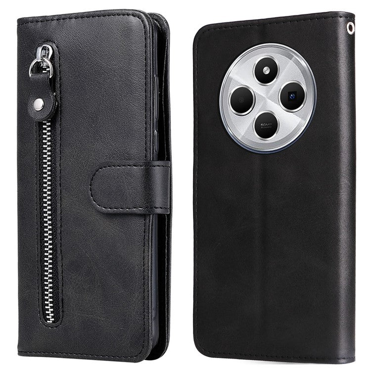 For Xiaomi Poco C75 4G / Redmi 14R 5G / 14C 4G Case Zipper Wallet Calf Texture PU Leather Phone Cover - Black