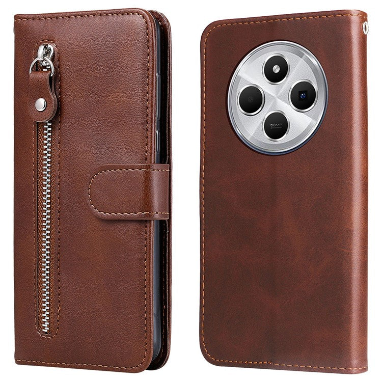 For Xiaomi Poco C75 4G / Redmi 14R 5G / 14C 4G Case Zipper Wallet Calf Texture PU Leather Phone Cover - Brown