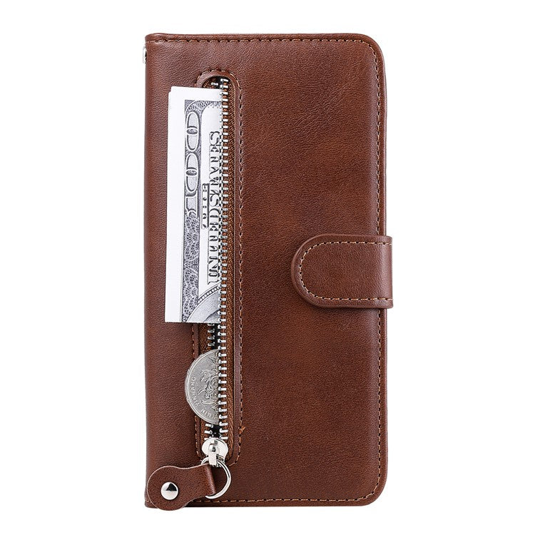 For Xiaomi Poco C75 4G / Redmi 14R 5G / 14C 4G Case Zipper Wallet Calf Texture PU Leather Phone Cover - Brown