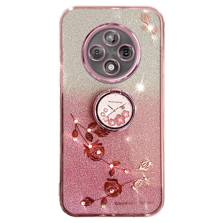 KADEM For Xiaomi Poco C75 4G / Redmi 14R 5G / 14C 4G Case Ring Kickstand TPU Flowers Phone Cover Gradient Glitter - Rose Gold