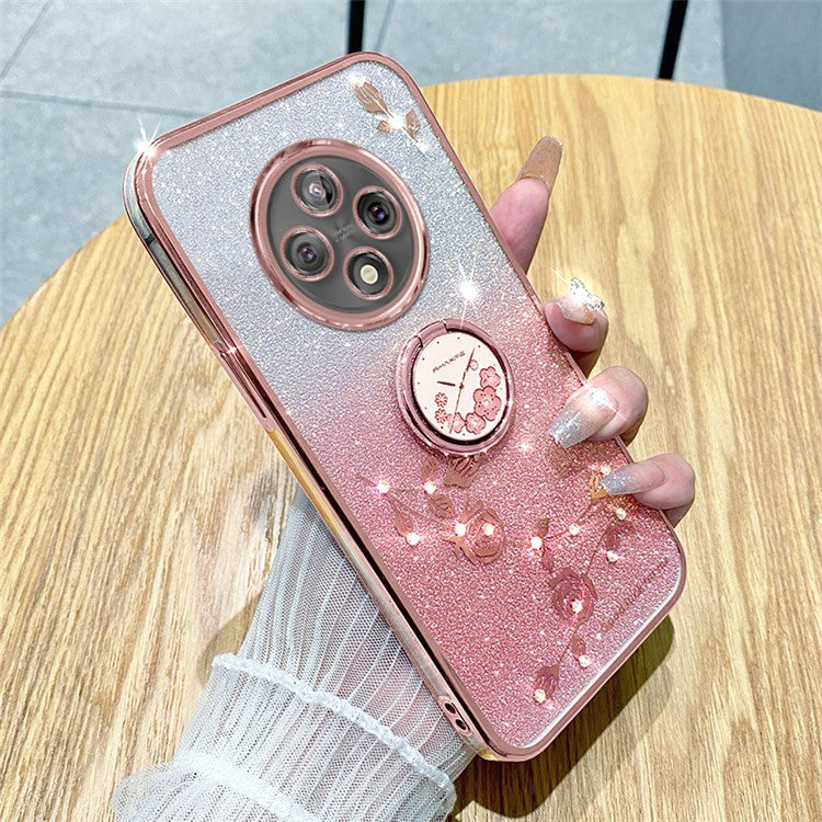 KADEM For Xiaomi Poco C75 4G / Redmi 14R 5G / 14C 4G Case Ring Kickstand TPU Flowers Phone Cover Gradient Glitter - Rose Gold