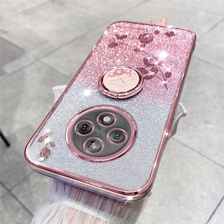 KADEM For Xiaomi Poco C75 4G / Redmi 14R 5G / 14C 4G Case Ring Kickstand TPU Flowers Phone Cover Gradient Glitter - Rose Gold