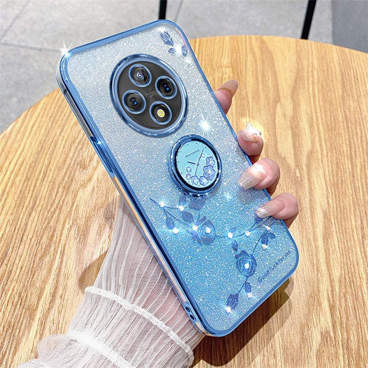 KADEM For Xiaomi Poco C75 4G / Redmi 14R 5G / 14C 4G Case Ring Kickstand TPU Flowers Phone Cover Gradient Glitter - Blue