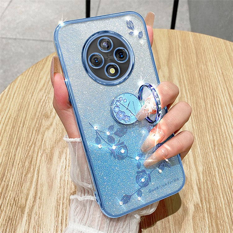 KADEM For Xiaomi Poco C75 4G / Redmi 14R 5G / 14C 4G Case Ring Kickstand TPU Flowers Phone Cover Gradient Glitter - Blue