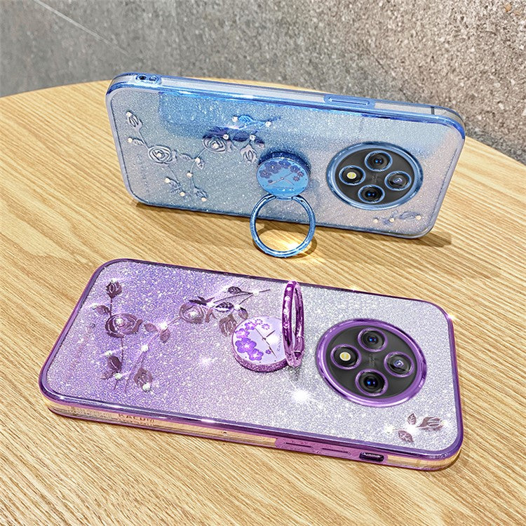 KADEM For Xiaomi Poco C75 4G / Redmi 14R 5G / 14C 4G Case Ring Kickstand TPU Flowers Phone Cover Gradient Glitter - Blue