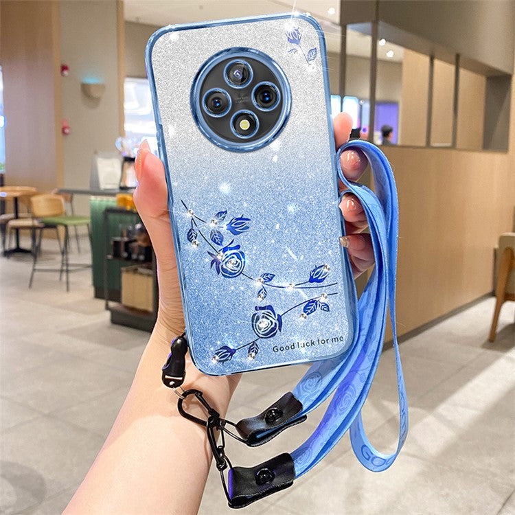 KADEM For Xiaomi Poco C75 4G / Redmi 14R 5G / 14C 4G Case Flower Pattern TPU Gradient Phone Cover with Lanyards - Blue