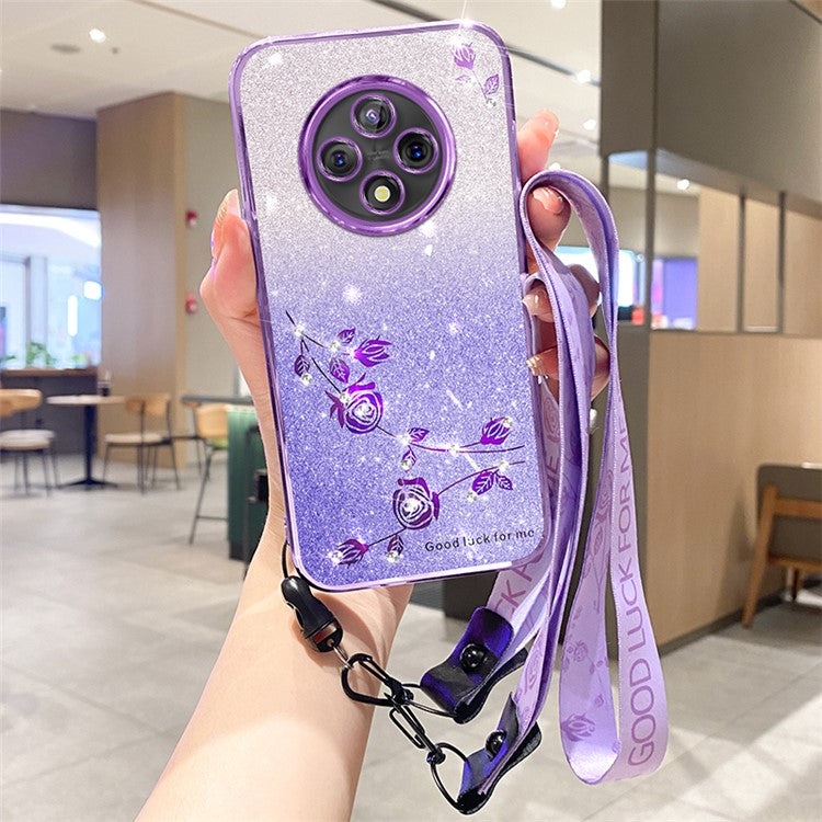 KADEM For Xiaomi Poco C75 4G / Redmi 14R 5G / 14C 4G Case Flower Pattern TPU Gradient Phone Cover with Lanyards - Purple