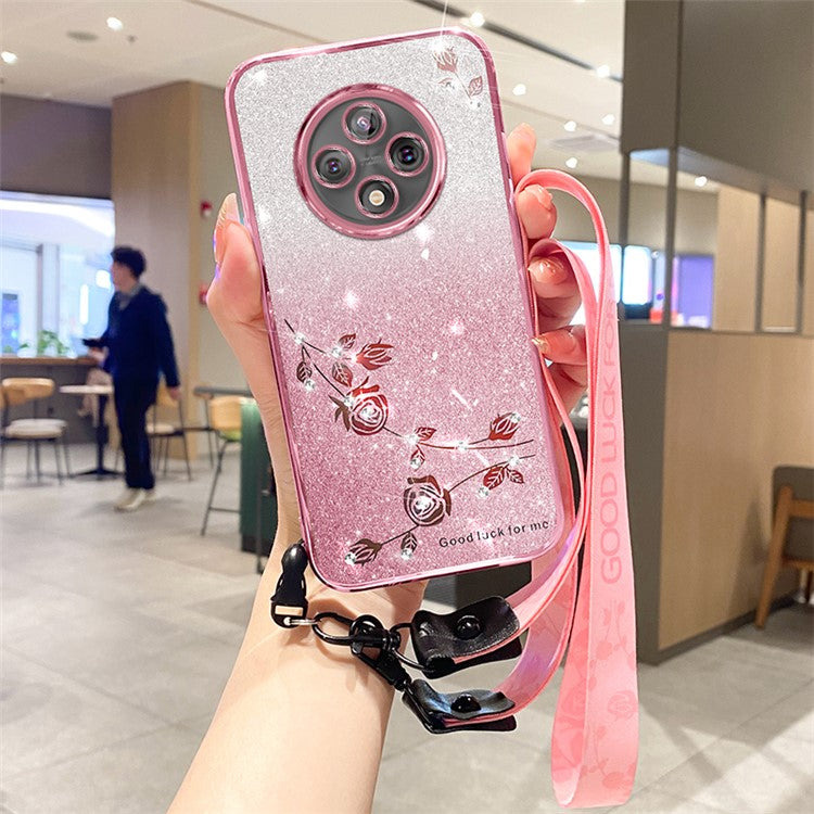 KADEM For Xiaomi Poco C75 4G / Redmi 14R 5G / 14C 4G Case Flower Pattern TPU Gradient Phone Cover with Lanyards - Rose Gold