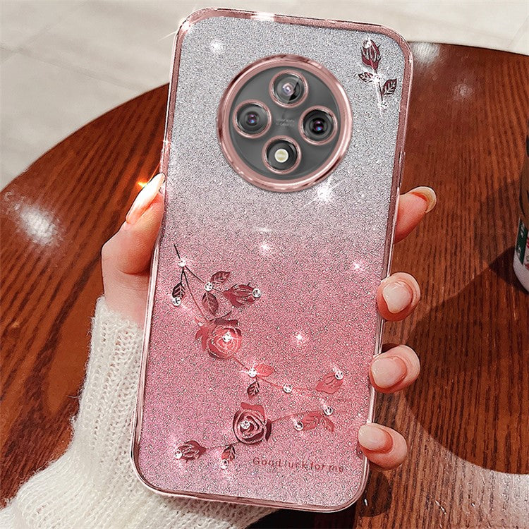 KADEM For Xiaomi Poco C75 4G / Redmi 14R 5G / 14C 4G Case Flower Pattern TPU Gradient Phone Cover with Lanyards - Rose Gold