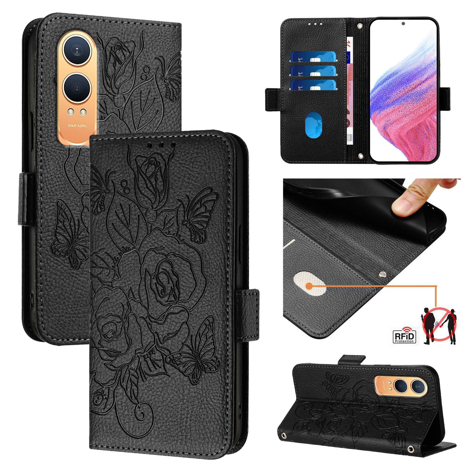 For OnePlus Nord CE4 Lite 5G Case Rose Imprinted RFID Blocking Leather Phone Cover with Strap - Black