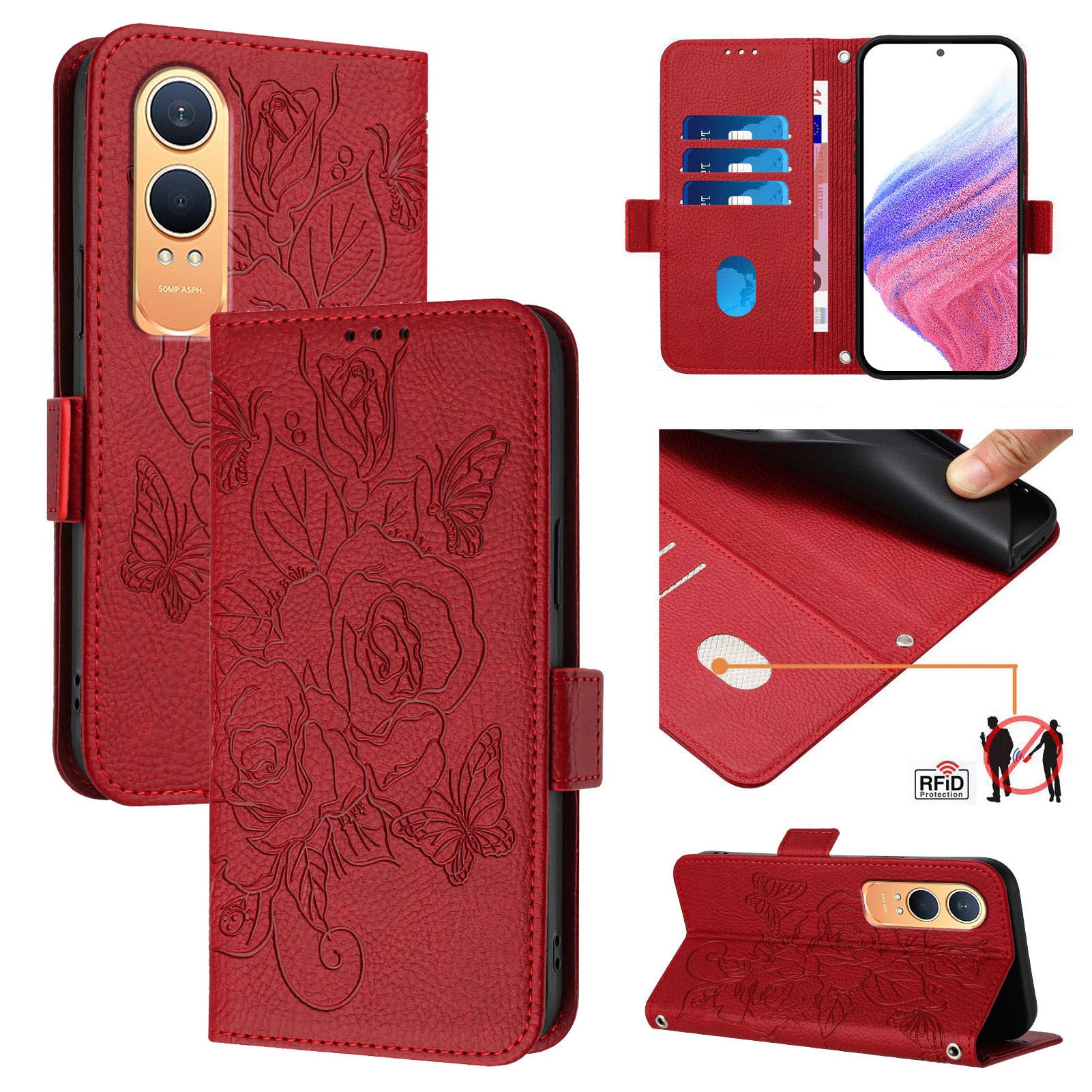 For OnePlus Nord CE4 Lite 5G Case Rose Imprinted RFID Blocking Leather Phone Cover with Strap - Red