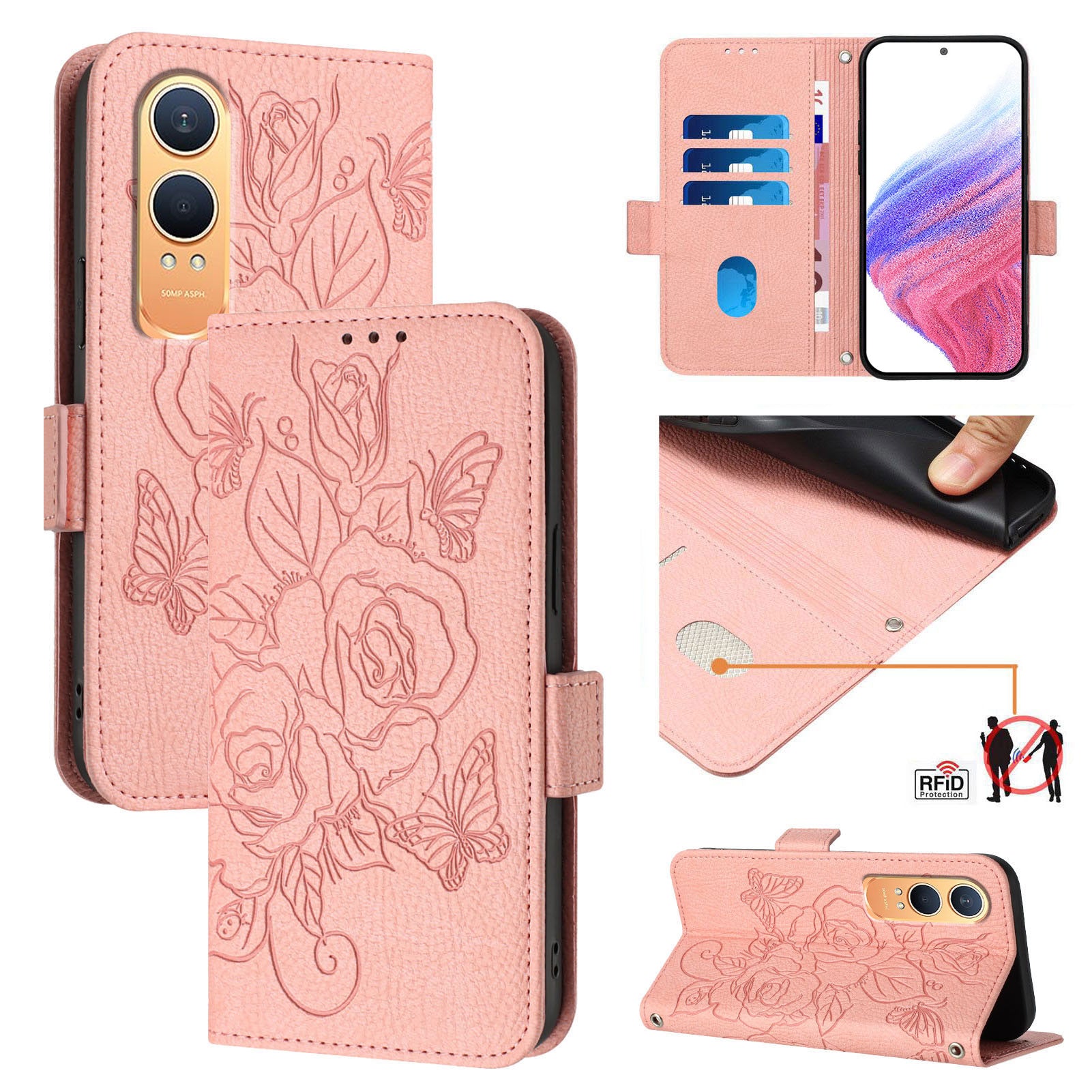 For OnePlus Nord CE4 Lite 5G Case Rose Imprinted RFID Blocking Leather Phone Cover with Strap - Pink