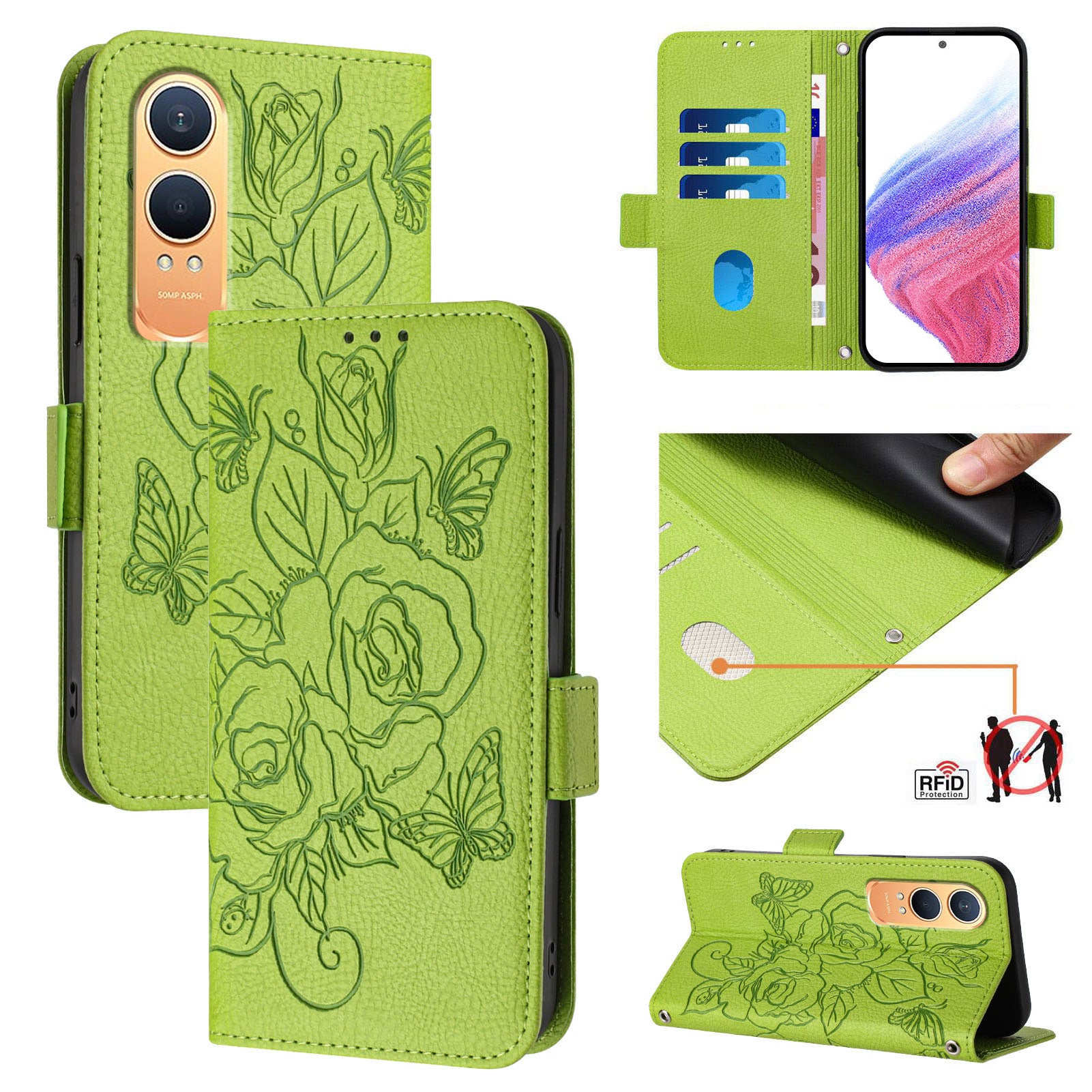 For OnePlus Nord CE4 Lite 5G Case Rose Imprinted RFID Blocking Leather Phone Cover with Strap - Green