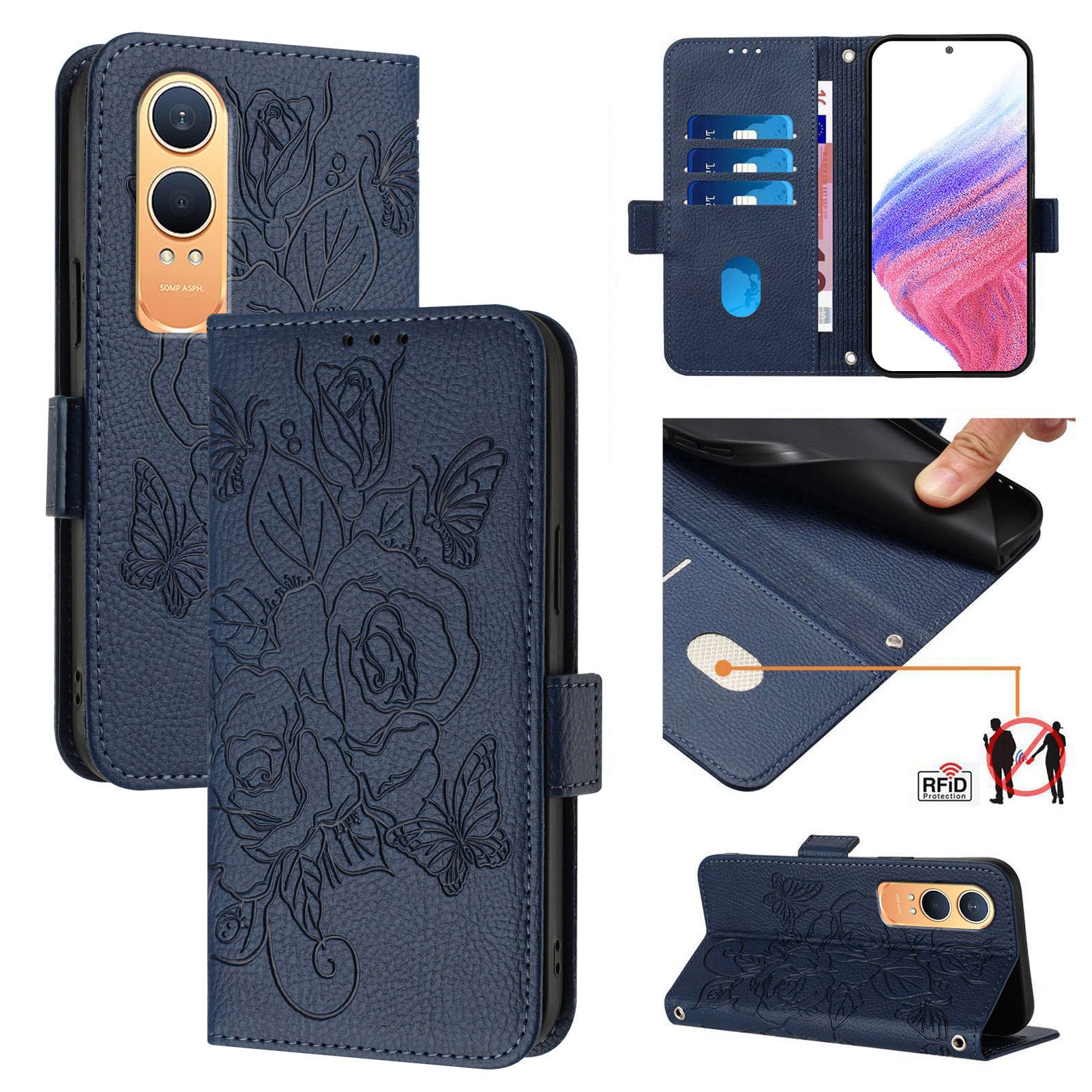 For OnePlus Nord CE4 Lite 5G Case Rose Imprinted RFID Blocking Leather Phone Cover with Strap - Dark Blue