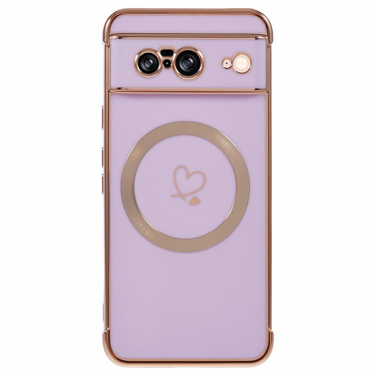 For Google Pixel 8 Case Compatible with MagSafe Electroplated TPU Phone Cover Hollow Love Hearts - Purple