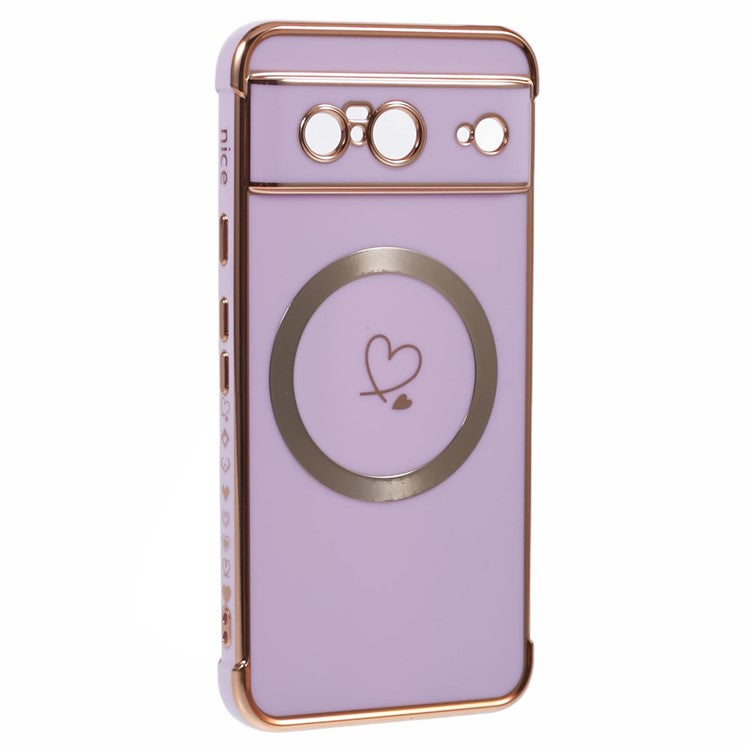 For Google Pixel 8 Case Compatible with MagSafe Electroplated TPU Phone Cover Hollow Love Hearts - Purple