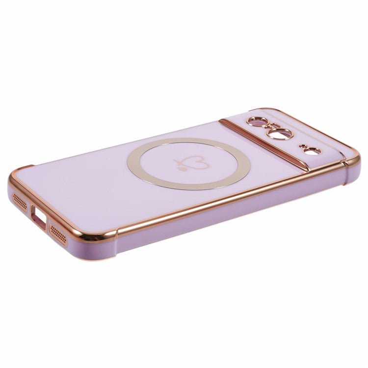 For Google Pixel 8 Case Compatible with MagSafe Electroplated TPU Phone Cover Hollow Love Hearts - Purple